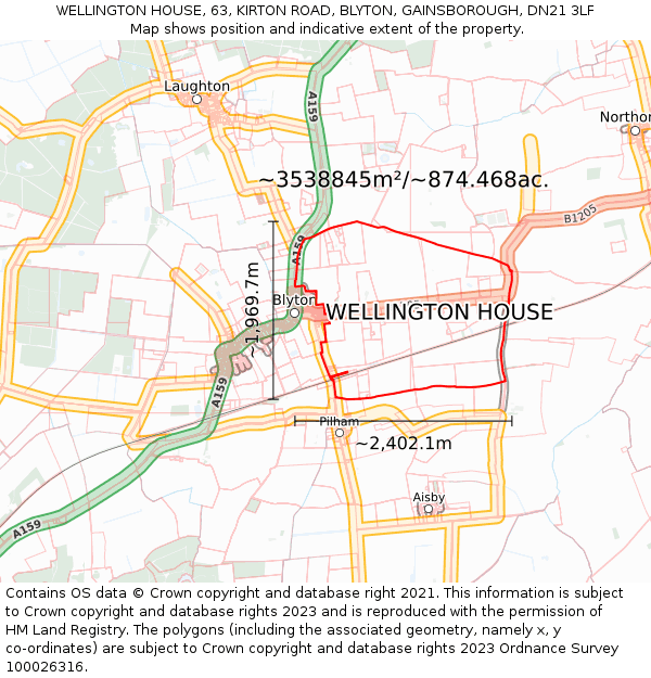 WELLINGTON HOUSE, 63, KIRTON ROAD, BLYTON, GAINSBOROUGH, DN21 3LF: Plot and title map
