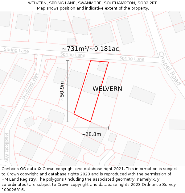 WELVERN, SPRING LANE, SWANMORE, SOUTHAMPTON, SO32 2PT: Plot and title map