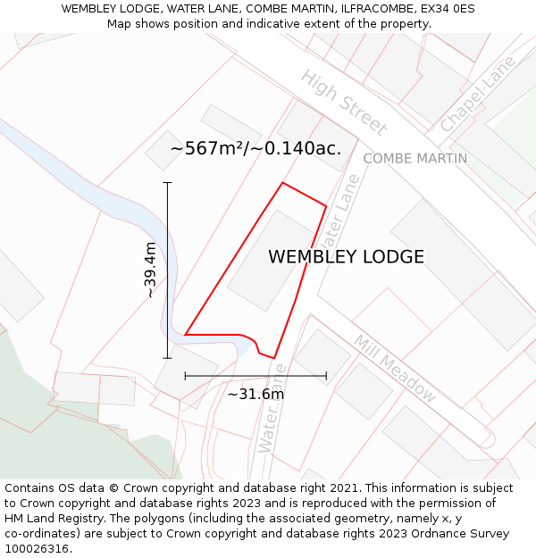 WEMBLEY LODGE, WATER LANE, COMBE MARTIN, ILFRACOMBE, EX34 0ES: Plot and title map