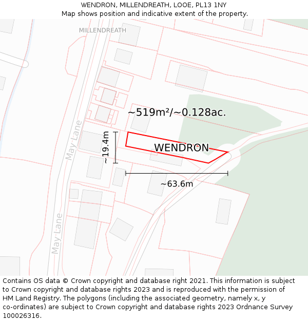 WENDRON, MILLENDREATH, LOOE, PL13 1NY: Plot and title map