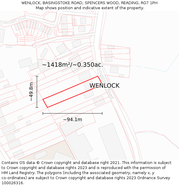 WENLOCK, BASINGSTOKE ROAD, SPENCERS WOOD, READING, RG7 1PH: Plot and title map