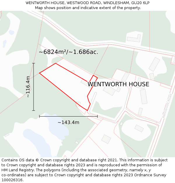 WENTWORTH HOUSE, WESTWOOD ROAD, WINDLESHAM, GU20 6LP: Plot and title map