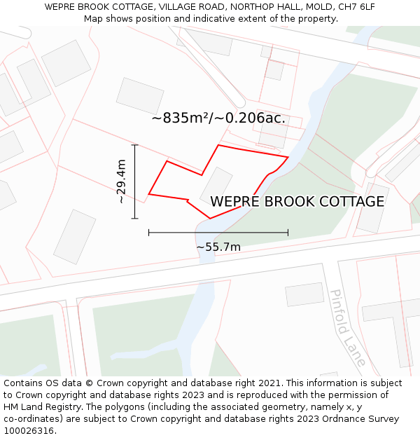 WEPRE BROOK COTTAGE, VILLAGE ROAD, NORTHOP HALL, MOLD, CH7 6LF: Plot and title map