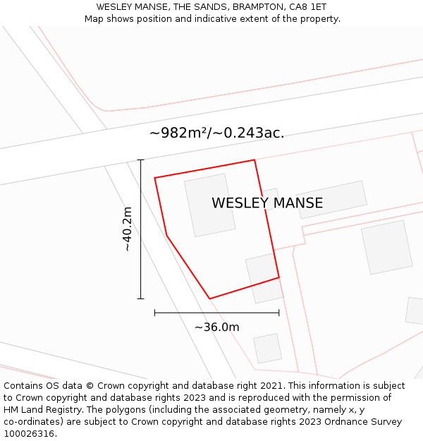 WESLEY MANSE, THE SANDS, BRAMPTON, CA8 1ET: Plot and title map