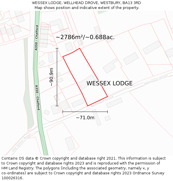 WESSEX LODGE, WELLHEAD DROVE, WESTBURY, BA13 3RD: Plot and title map