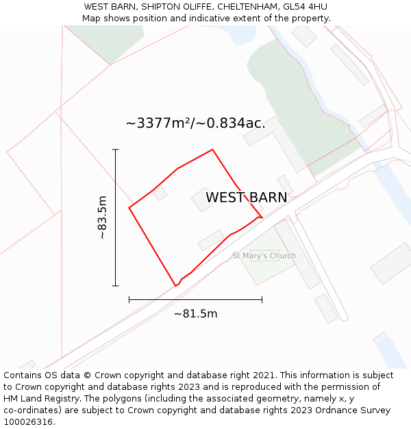 WEST BARN, SHIPTON OLIFFE, CHELTENHAM, GL54 4HU: Plot and title map