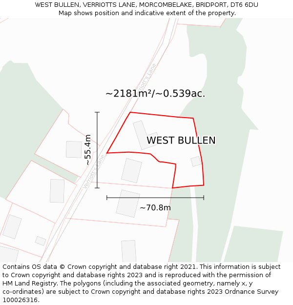 WEST BULLEN, VERRIOTTS LANE, MORCOMBELAKE, BRIDPORT, DT6 6DU: Plot and title map