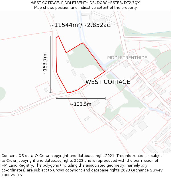 WEST COTTAGE, PIDDLETRENTHIDE, DORCHESTER, DT2 7QX: Plot and title map