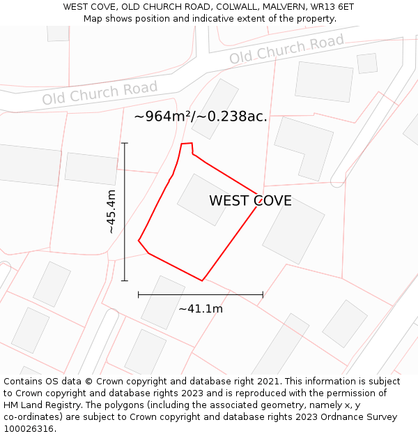 WEST COVE, OLD CHURCH ROAD, COLWALL, MALVERN, WR13 6ET: Plot and title map