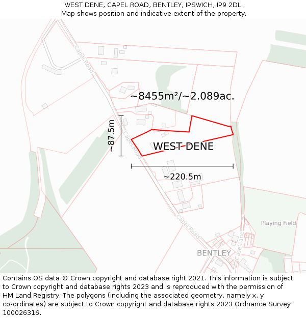 WEST DENE, CAPEL ROAD, BENTLEY, IPSWICH, IP9 2DL: Plot and title map