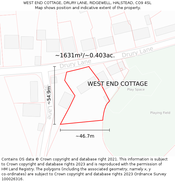 WEST END COTTAGE, DRURY LANE, RIDGEWELL, HALSTEAD, CO9 4SL: Plot and title map