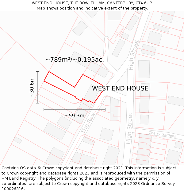 WEST END HOUSE, THE ROW, ELHAM, CANTERBURY, CT4 6UP: Plot and title map