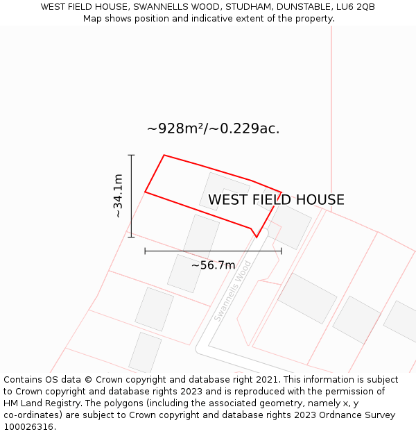 WEST FIELD HOUSE, SWANNELLS WOOD, STUDHAM, DUNSTABLE, LU6 2QB: Plot and title map