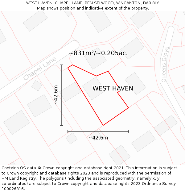 WEST HAVEN, CHAPEL LANE, PEN SELWOOD, WINCANTON, BA9 8LY: Plot and title map