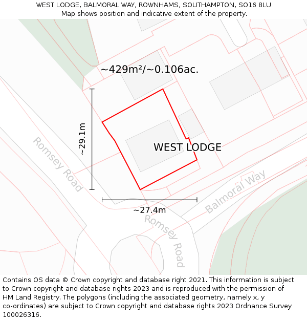 WEST LODGE, BALMORAL WAY, ROWNHAMS, SOUTHAMPTON, SO16 8LU: Plot and title map