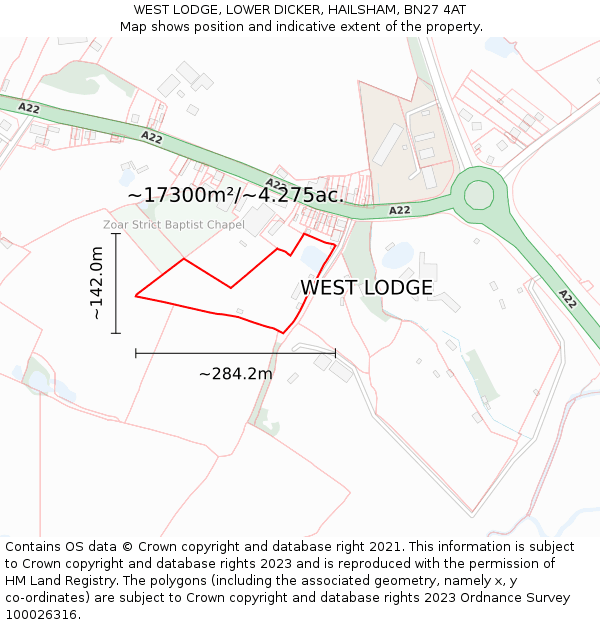 WEST LODGE, LOWER DICKER, HAILSHAM, BN27 4AT: Plot and title map