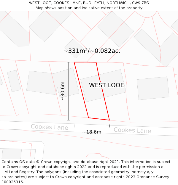 WEST LOOE, COOKES LANE, RUDHEATH, NORTHWICH, CW9 7RS: Plot and title map