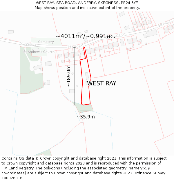 WEST RAY, SEA ROAD, ANDERBY, SKEGNESS, PE24 5YE: Plot and title map