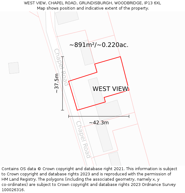 WEST VIEW, CHAPEL ROAD, GRUNDISBURGH, WOODBRIDGE, IP13 6XL: Plot and title map