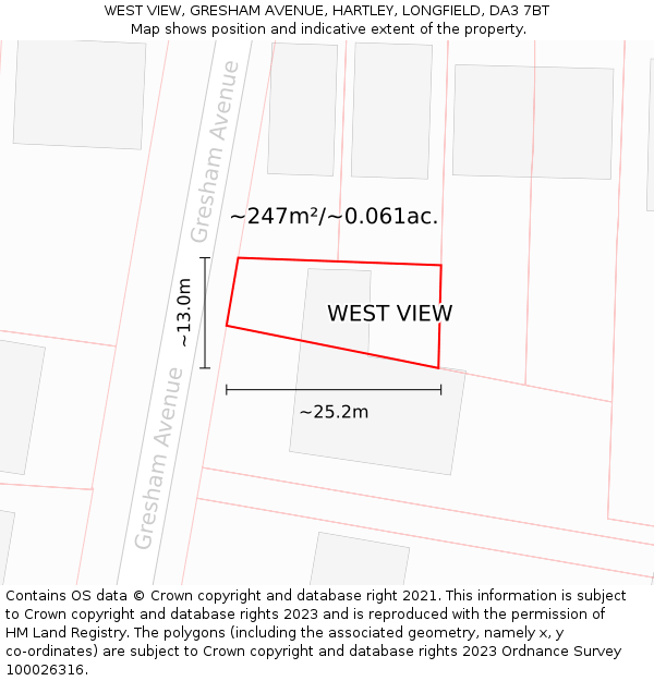 WEST VIEW, GRESHAM AVENUE, HARTLEY, LONGFIELD, DA3 7BT: Plot and title map