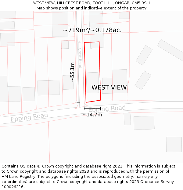 WEST VIEW, HILLCREST ROAD, TOOT HILL, ONGAR, CM5 9SH: Plot and title map