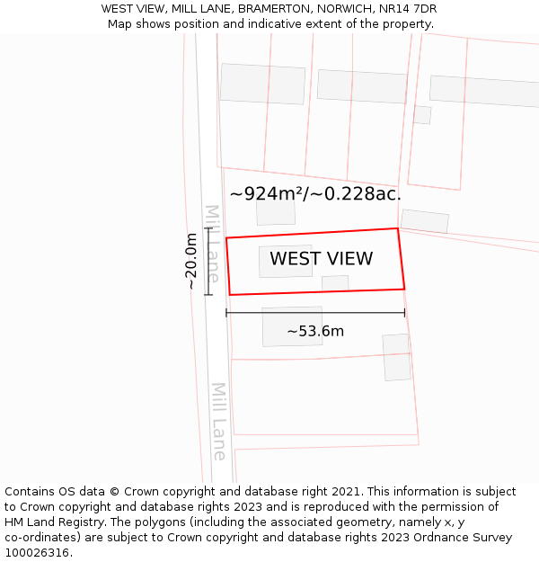 WEST VIEW, MILL LANE, BRAMERTON, NORWICH, NR14 7DR: Plot and title map