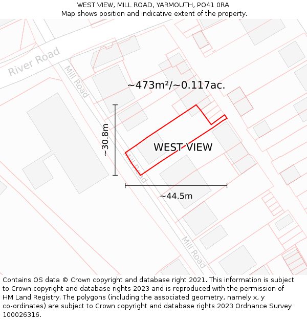 WEST VIEW, MILL ROAD, YARMOUTH, PO41 0RA: Plot and title map