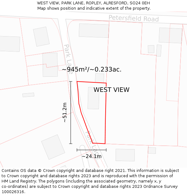 WEST VIEW, PARK LANE, ROPLEY, ALRESFORD, SO24 0EH: Plot and title map