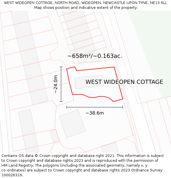 WEST WIDEOPEN COTTAGE, NORTH ROAD, WIDEOPEN, NEWCASTLE UPON TYNE, NE13 6LL: Plot and title map