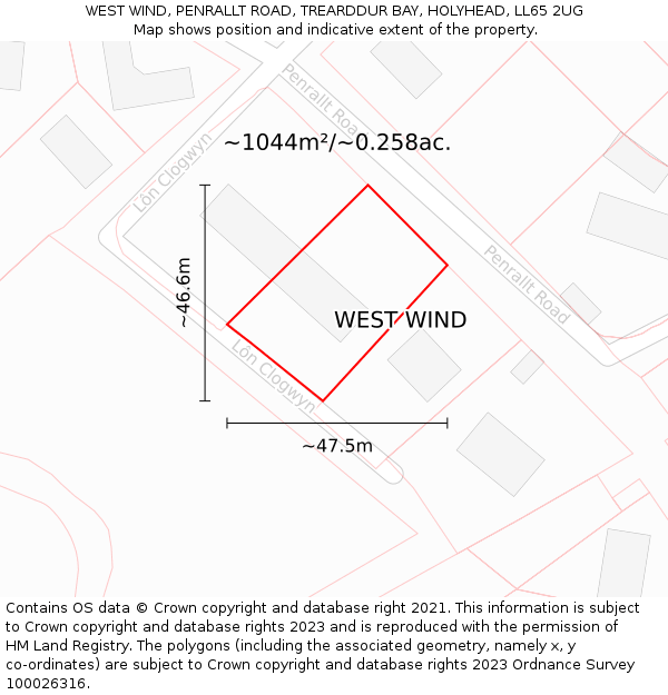 WEST WIND, PENRALLT ROAD, TREARDDUR BAY, HOLYHEAD, LL65 2UG: Plot and title map