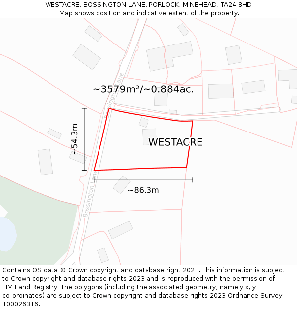 WESTACRE, BOSSINGTON LANE, PORLOCK, MINEHEAD, TA24 8HD: Plot and title map