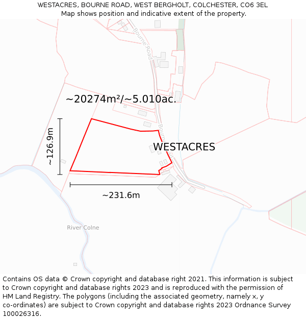 WESTACRES, BOURNE ROAD, WEST BERGHOLT, COLCHESTER, CO6 3EL: Plot and title map