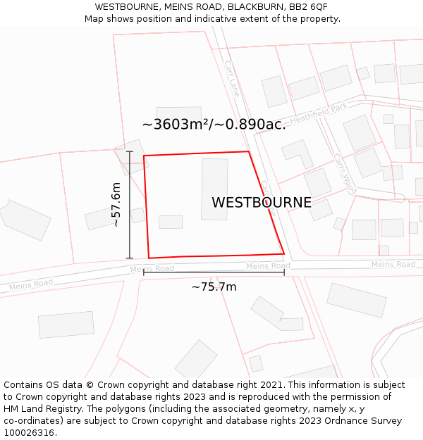 WESTBOURNE, MEINS ROAD, BLACKBURN, BB2 6QF: Plot and title map