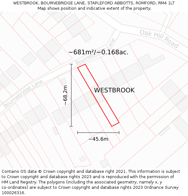 WESTBROOK, BOURNEBRIDGE LANE, STAPLEFORD ABBOTTS, ROMFORD, RM4 1LT: Plot and title map