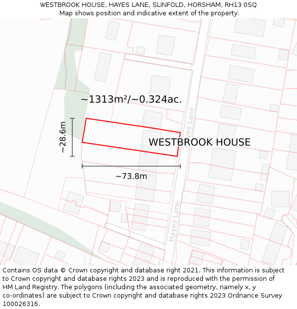 WESTBROOK HOUSE, HAYES LANE, SLINFOLD, HORSHAM, RH13 0SQ: Plot and title map