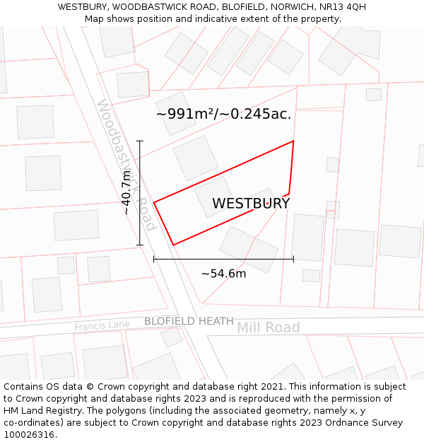 WESTBURY, WOODBASTWICK ROAD, BLOFIELD, NORWICH, NR13 4QH: Plot and title map