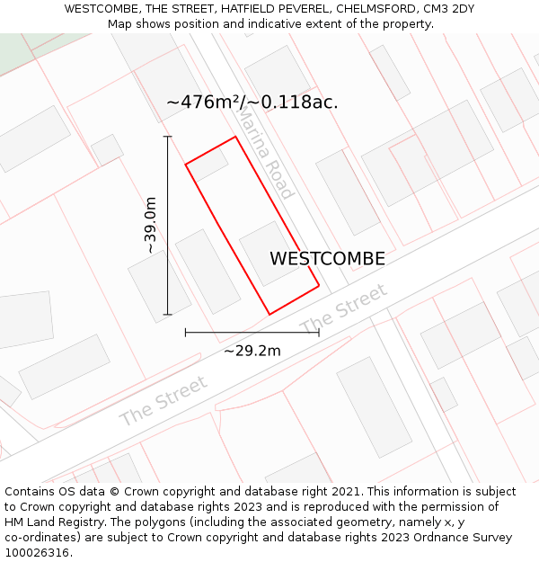 WESTCOMBE, THE STREET, HATFIELD PEVEREL, CHELMSFORD, CM3 2DY: Plot and title map