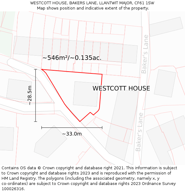 WESTCOTT HOUSE, BAKERS LANE, LLANTWIT MAJOR, CF61 1SW: Plot and title map