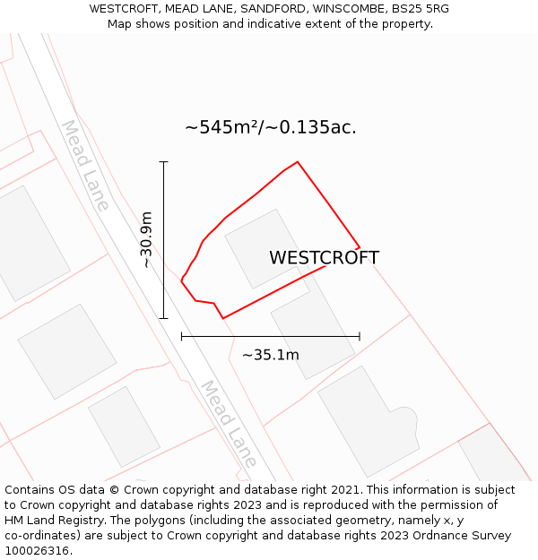 WESTCROFT, MEAD LANE, SANDFORD, WINSCOMBE, BS25 5RG: Plot and title map