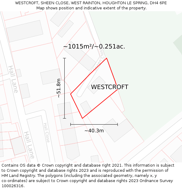 WESTCROFT, SHEEN CLOSE, WEST RAINTON, HOUGHTON LE SPRING, DH4 6PE: Plot and title map