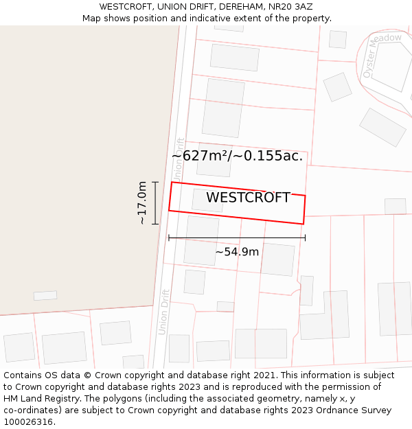 WESTCROFT, UNION DRIFT, DEREHAM, NR20 3AZ: Plot and title map