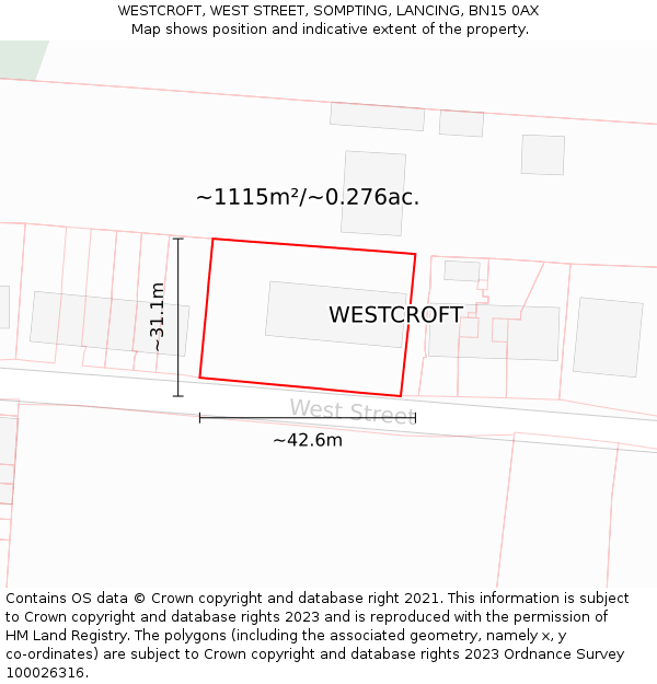 WESTCROFT, WEST STREET, SOMPTING, LANCING, BN15 0AX: Plot and title map
