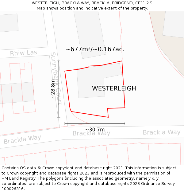 WESTERLEIGH, BRACKLA WAY, BRACKLA, BRIDGEND, CF31 2JS: Plot and title map