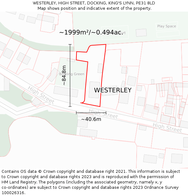 WESTERLEY, HIGH STREET, DOCKING, KING'S LYNN, PE31 8LD: Plot and title map