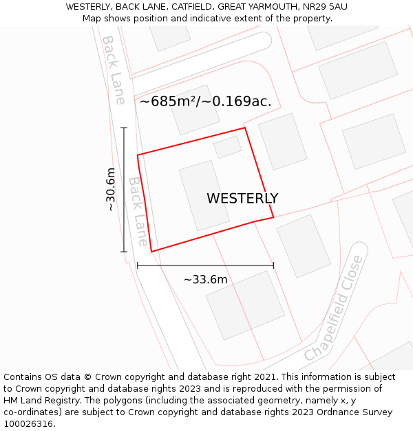 WESTERLY, BACK LANE, CATFIELD, GREAT YARMOUTH, NR29 5AU: Plot and title map