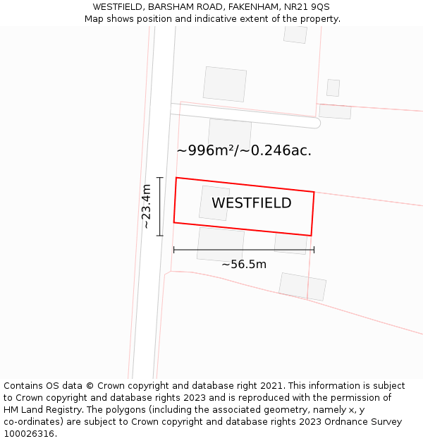 WESTFIELD, BARSHAM ROAD, FAKENHAM, NR21 9QS: Plot and title map