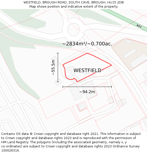 WESTFIELD, BROUGH ROAD, SOUTH CAVE, BROUGH, HU15 2DB: Plot and title map
