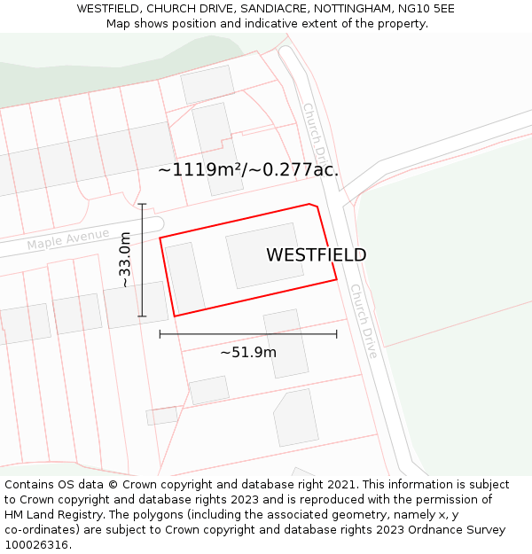 WESTFIELD, CHURCH DRIVE, SANDIACRE, NOTTINGHAM, NG10 5EE: Plot and title map