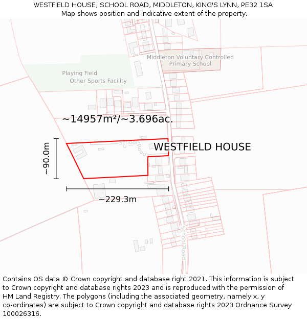 WESTFIELD HOUSE, SCHOOL ROAD, MIDDLETON, KING'S LYNN, PE32 1SA: Plot and title map