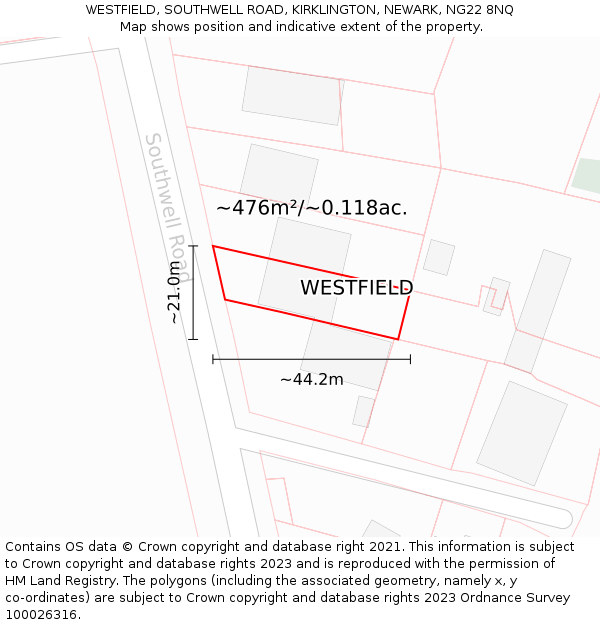WESTFIELD, SOUTHWELL ROAD, KIRKLINGTON, NEWARK, NG22 8NQ: Plot and title map